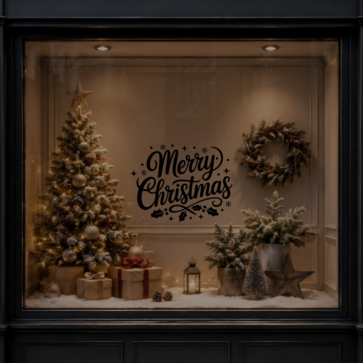 Bold Script & Stars Merry Christmas sticker in an alternative retail display