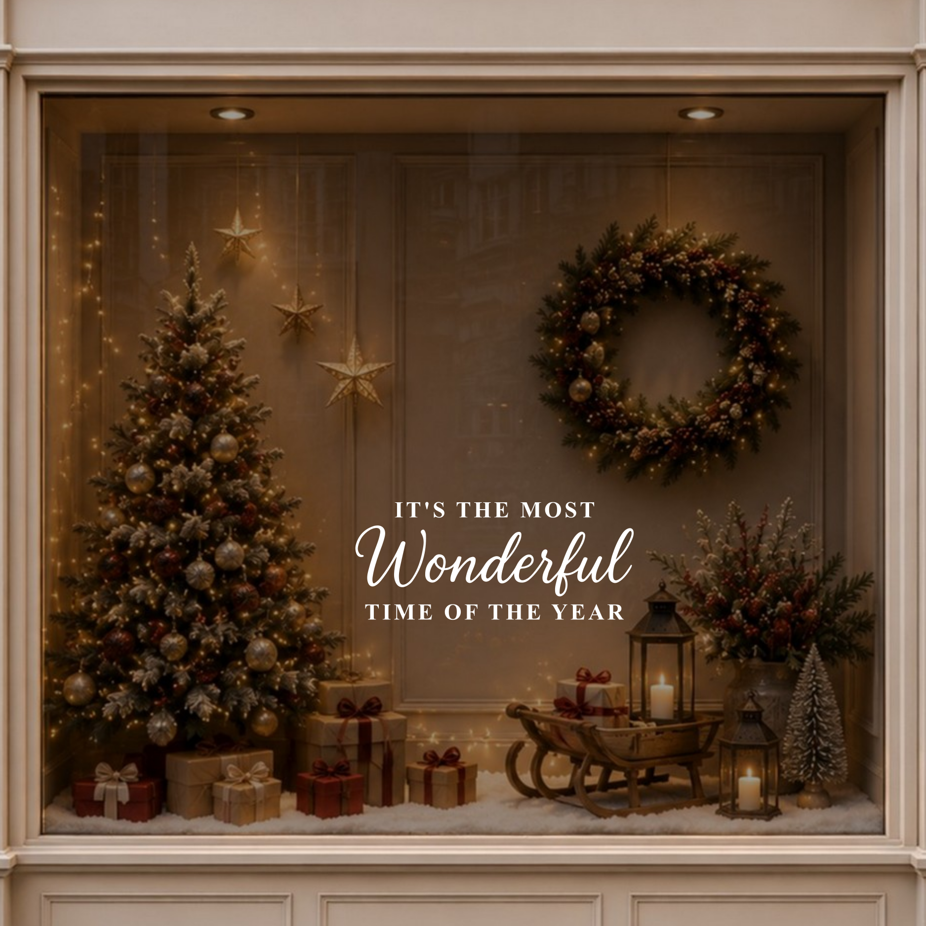 Most Wonderful Time of the Year Christmas sticker displayed on a warmly decorated shop window