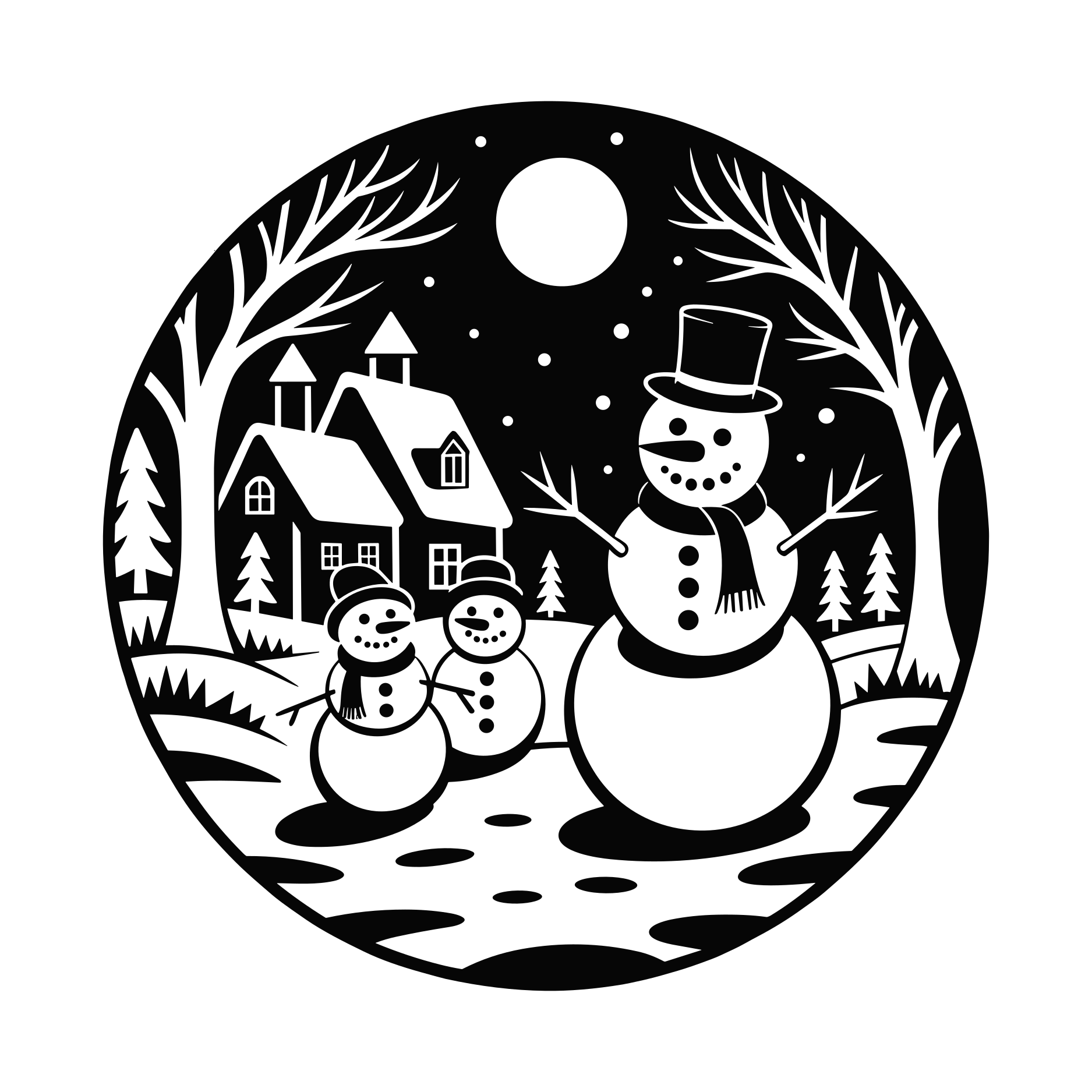 Christmas snowman village vinyl decal with snowmen, houses, fir trees and snowy branches