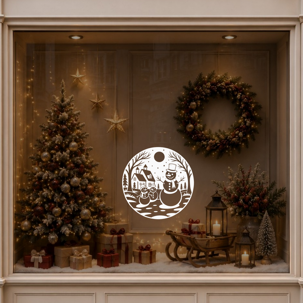 Snowman village Christmas window sticker displayed on a warmly decorated shop window
