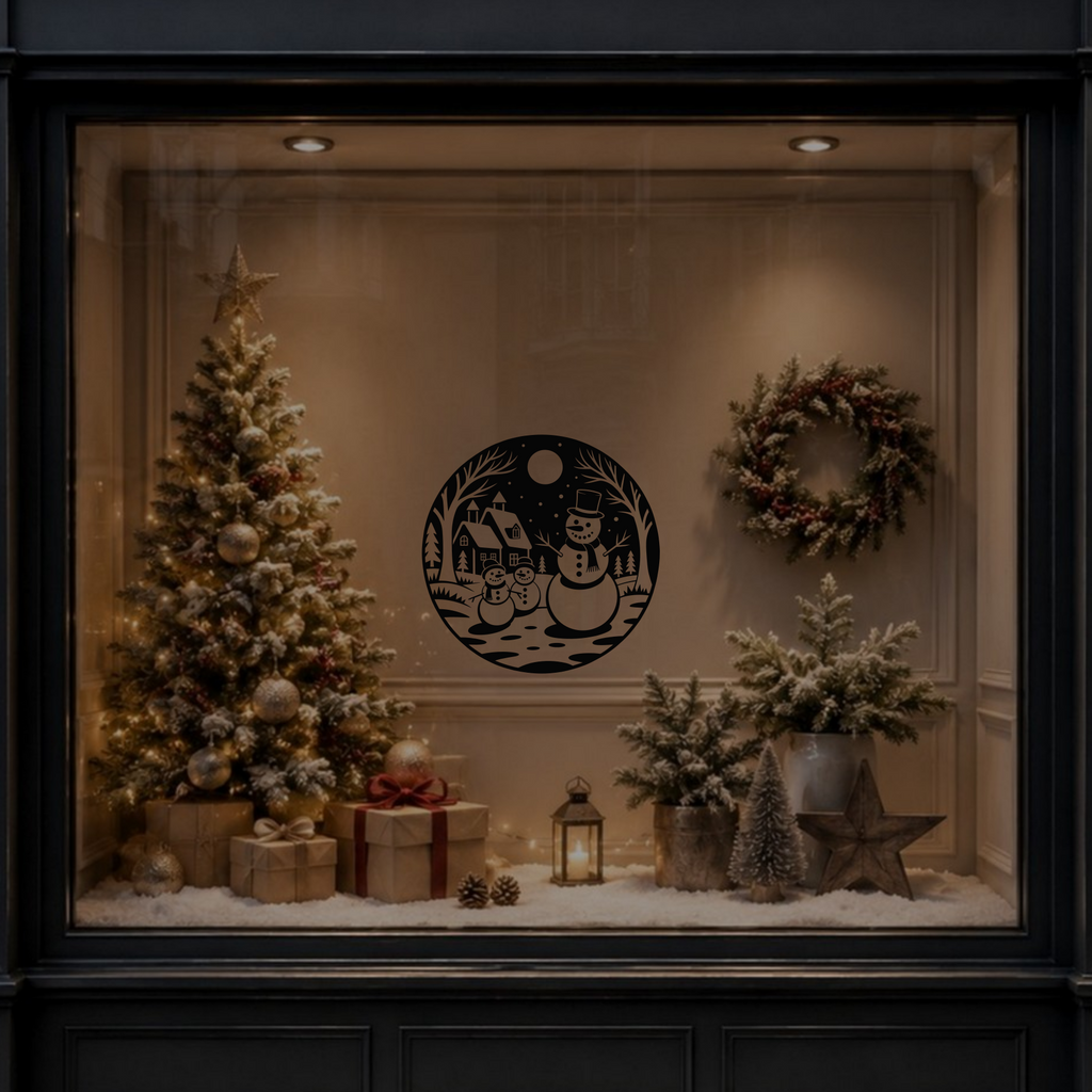 Christmas snowman village decal shown on a dark festive window display