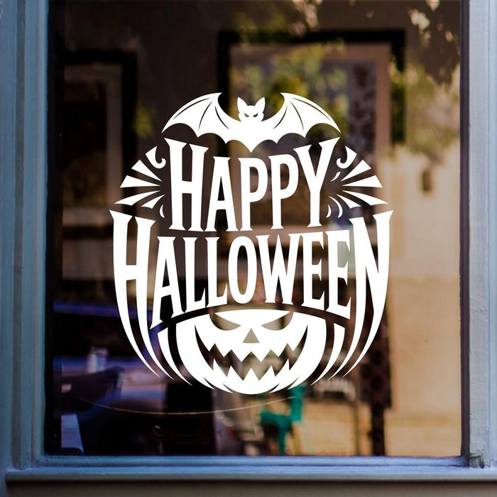 Happy Halloween Pumpkin & Bat Window Sticker: white vinyl design on a blue-framed glass door