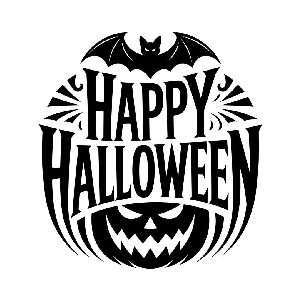 Happy Halloween Pumpkin & Bat Window Sticker: black design on a plain white background