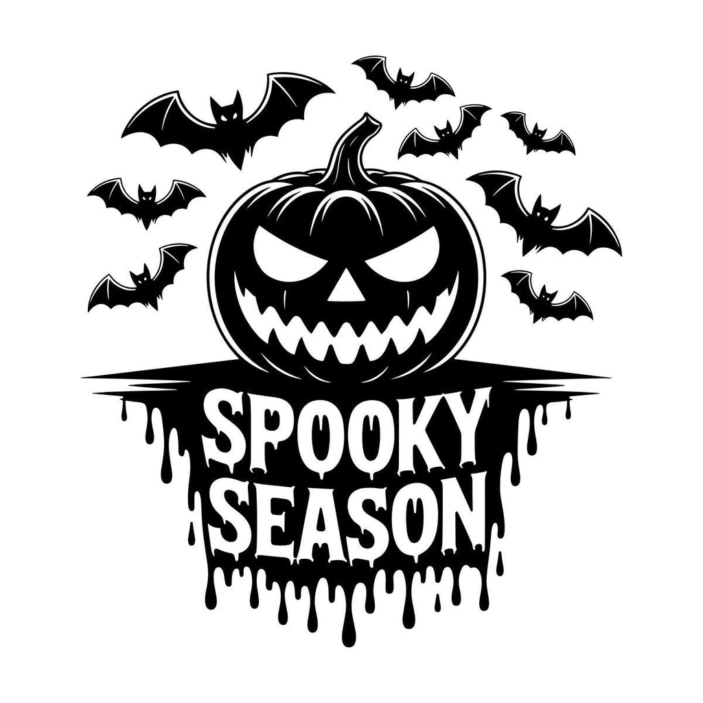 Spooky Season Pumpkin & Bats Window Sticker: black design on a plain white background