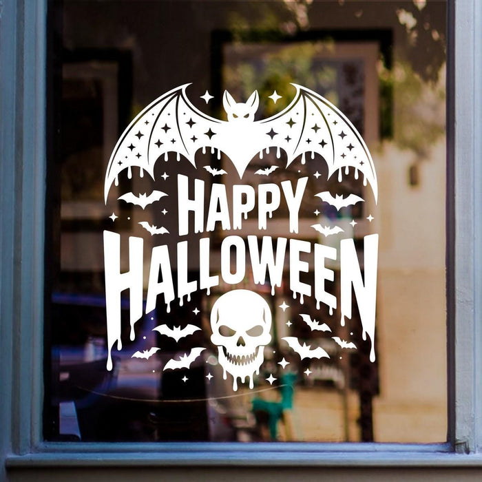 Happy Halloween Skull & Bat Swarm Window Sticker: white vinyl design on a blue-framed glass door
