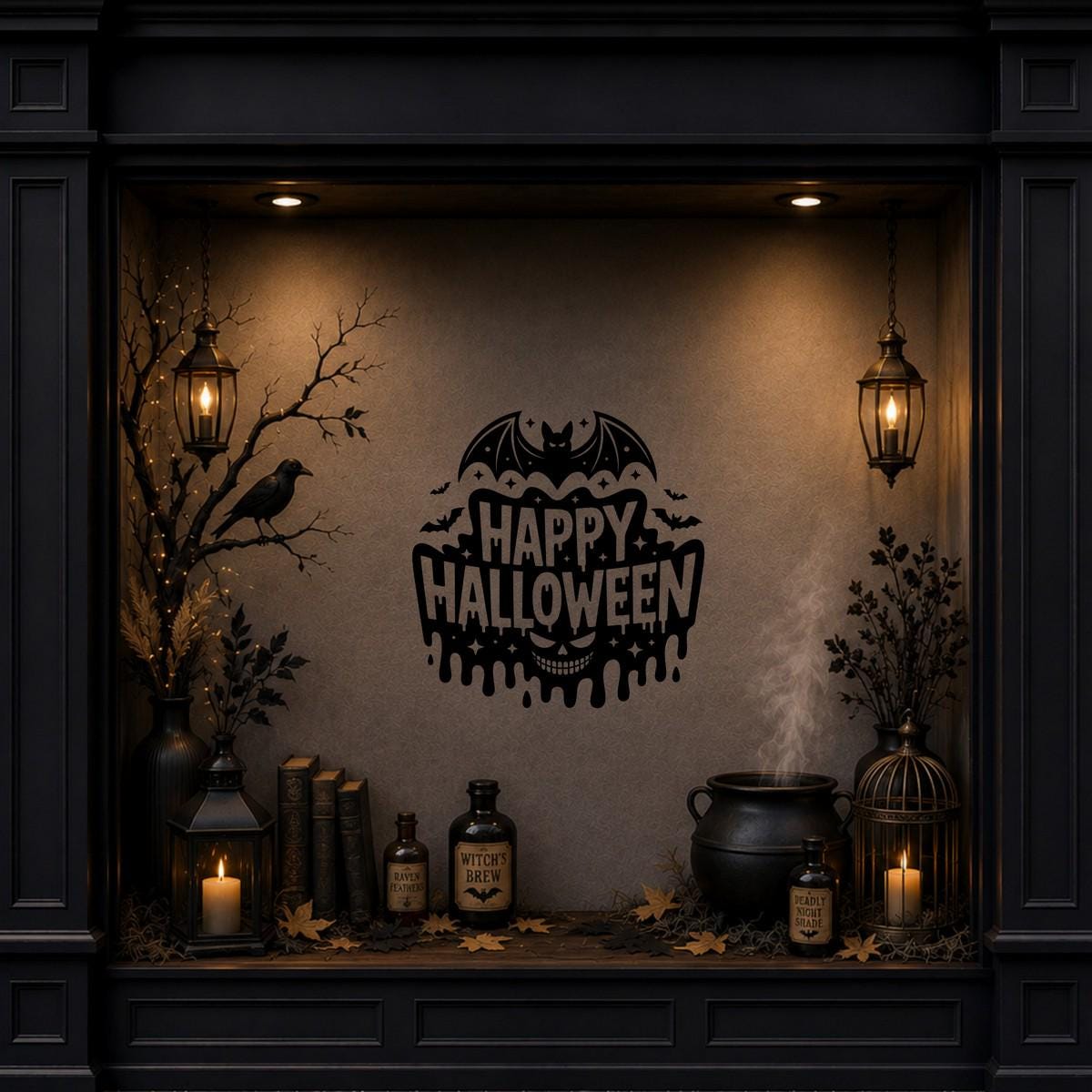 Happy Halloween Gothic Bat Window Sticker: black vinyl displayed in a dark Halloween shopfront window