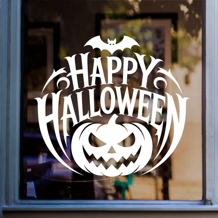 Ornate Happy Halloween Pumpkin Window Sticker: white vinyl design on a blue-framed glass door