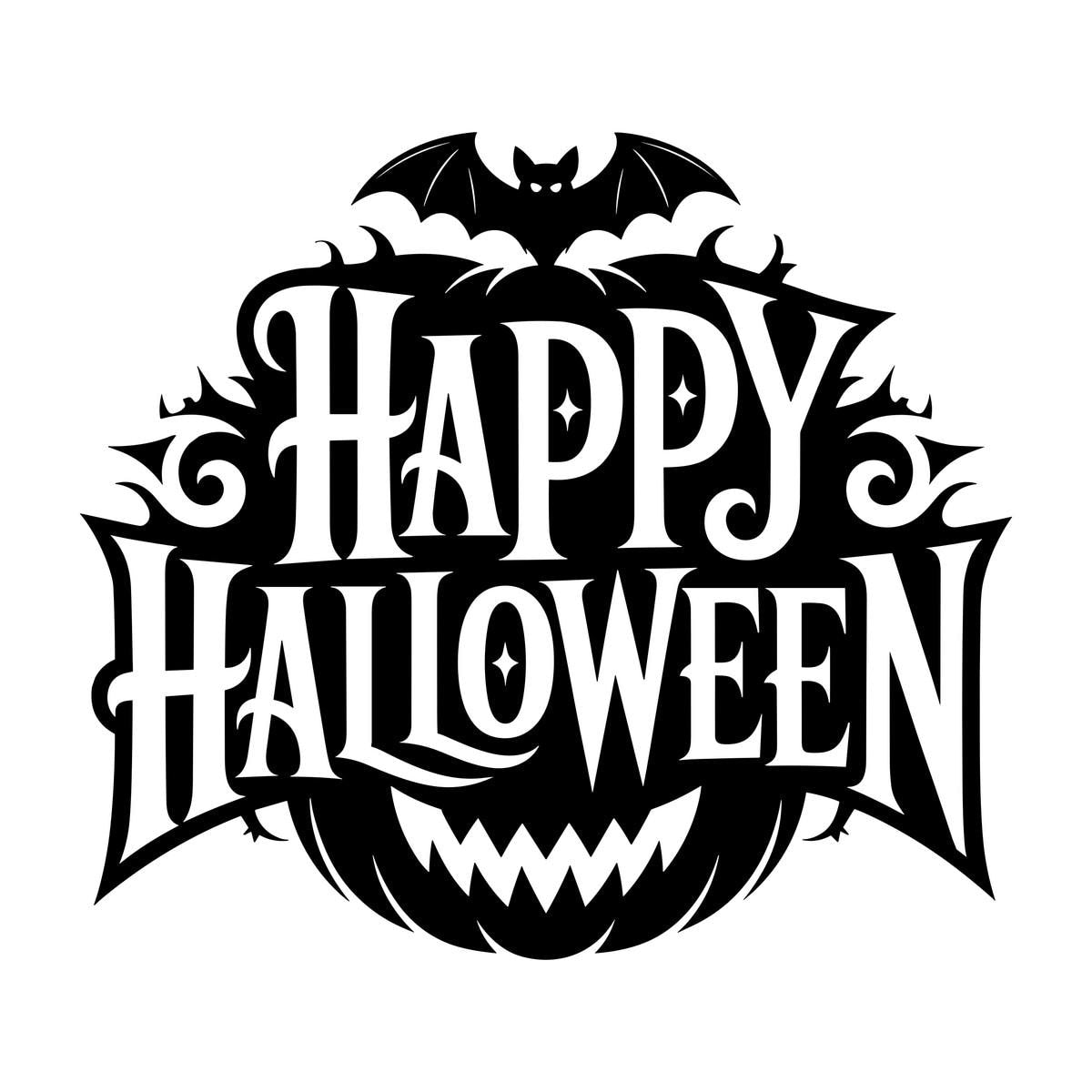 Happy Halloween Pumpkin & Two Bats Window Sticker: black design on a plain white background