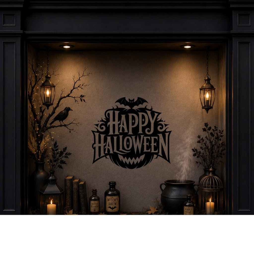 Happy Halloween Pumpkin & Two Bats Window Sticker: black vinyl displayed in a dark Halloween shopfront window