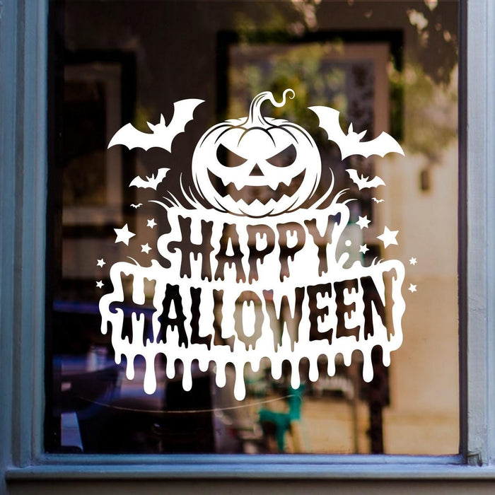 Scary Pumpkin Happy Halloween Window Sticker: white vinyl design on a blue-framed glass door