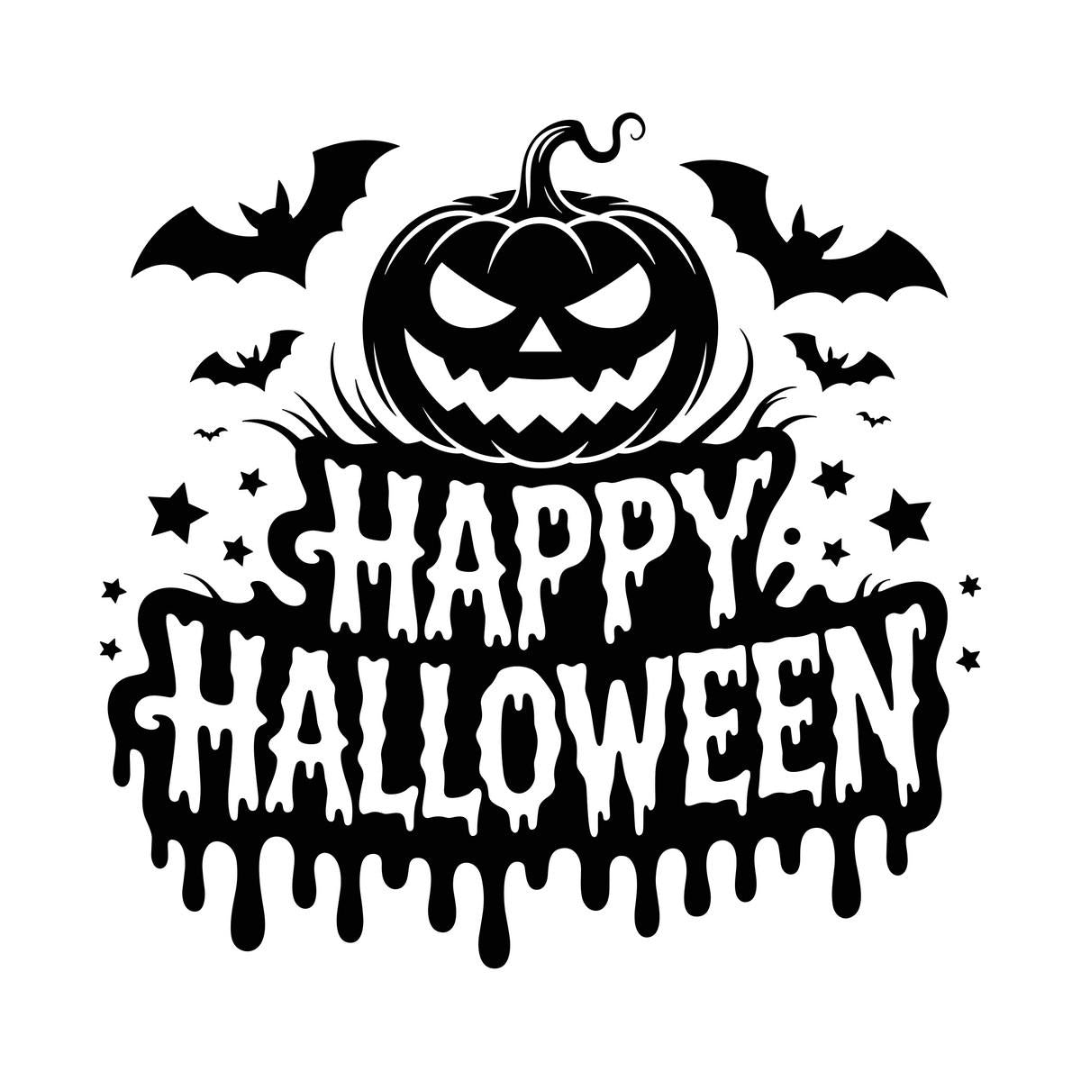 Scary Pumpkin Happy Halloween Window Sticker: black design on a plain white background