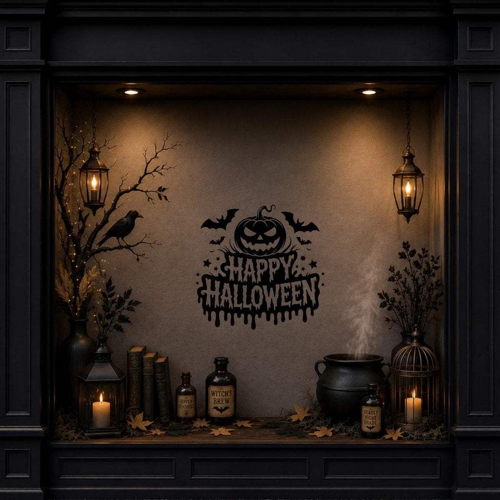 Scary Pumpkin Happy Halloween Window Sticker: black vinyl displayed in a dark Halloween shopfront window