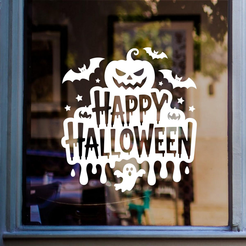 Happy Halloween Pumpkin & Ghost Window Sticker: white vinyl design on a blue-framed glass door