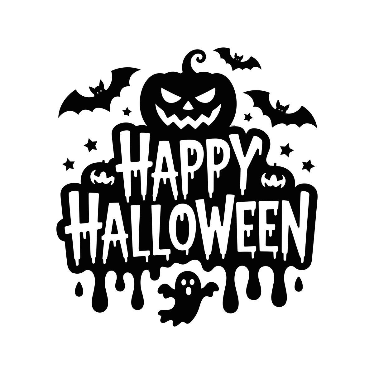 Happy Halloween Pumpkin & Ghost Window Sticker: black design on a plain white background
