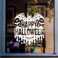 Happy Halloween Flying Bats Window Sticker: white vinyl design on a blue-framed glass door