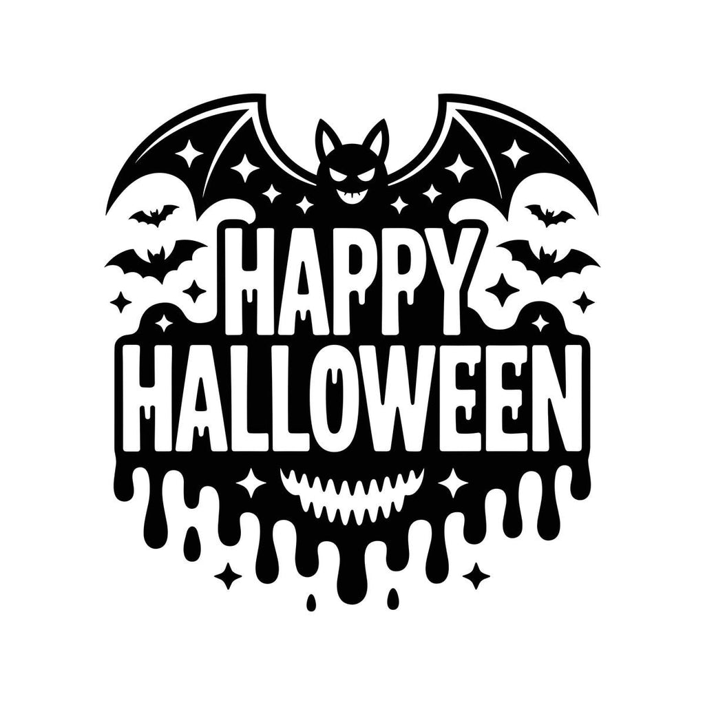 Happy Halloween Flying Bats Window Sticker: black design on a plain white background