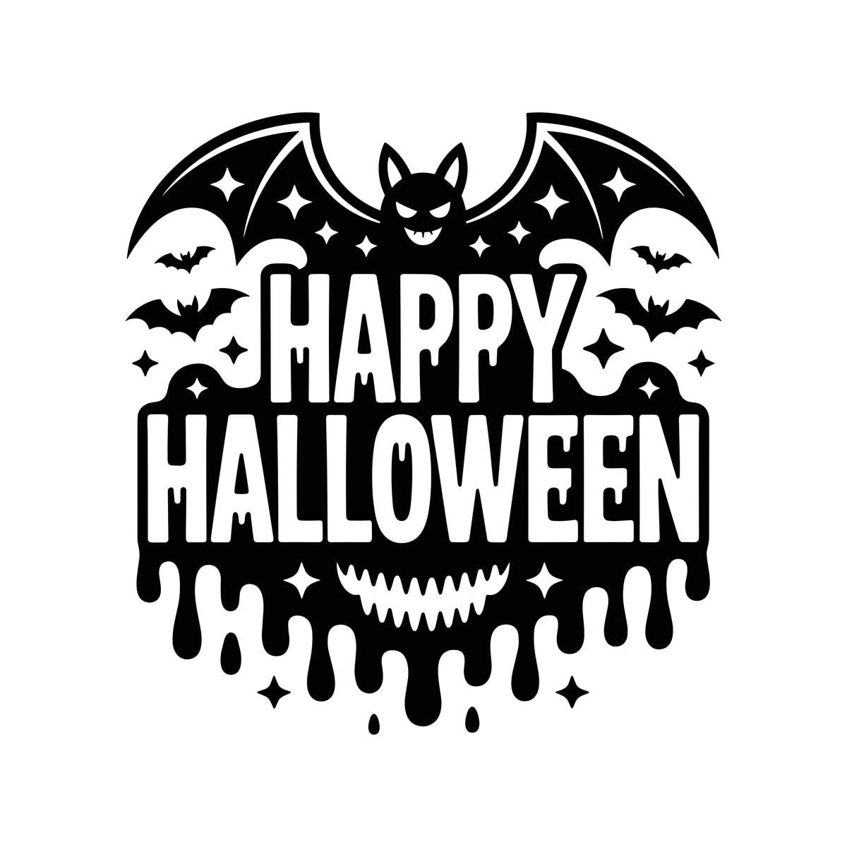 Happy Halloween Flying Bats Window Sticker: black design on a plain white background