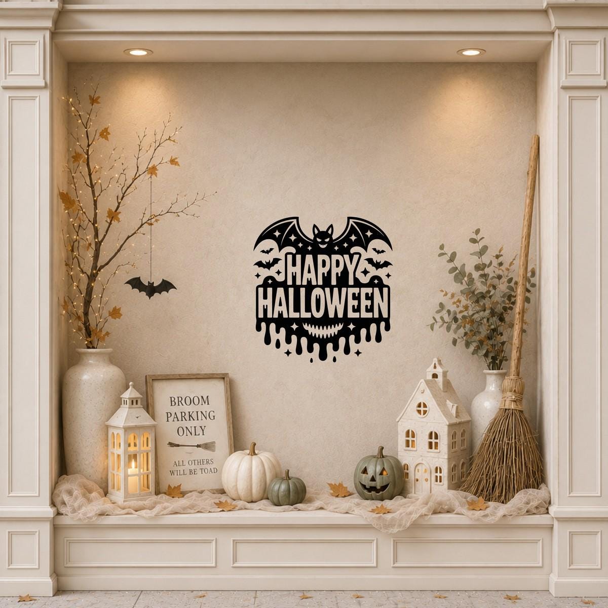 Happy Halloween Flying Bats Window Sticker: black vinyl displayed in a cream shopfront window