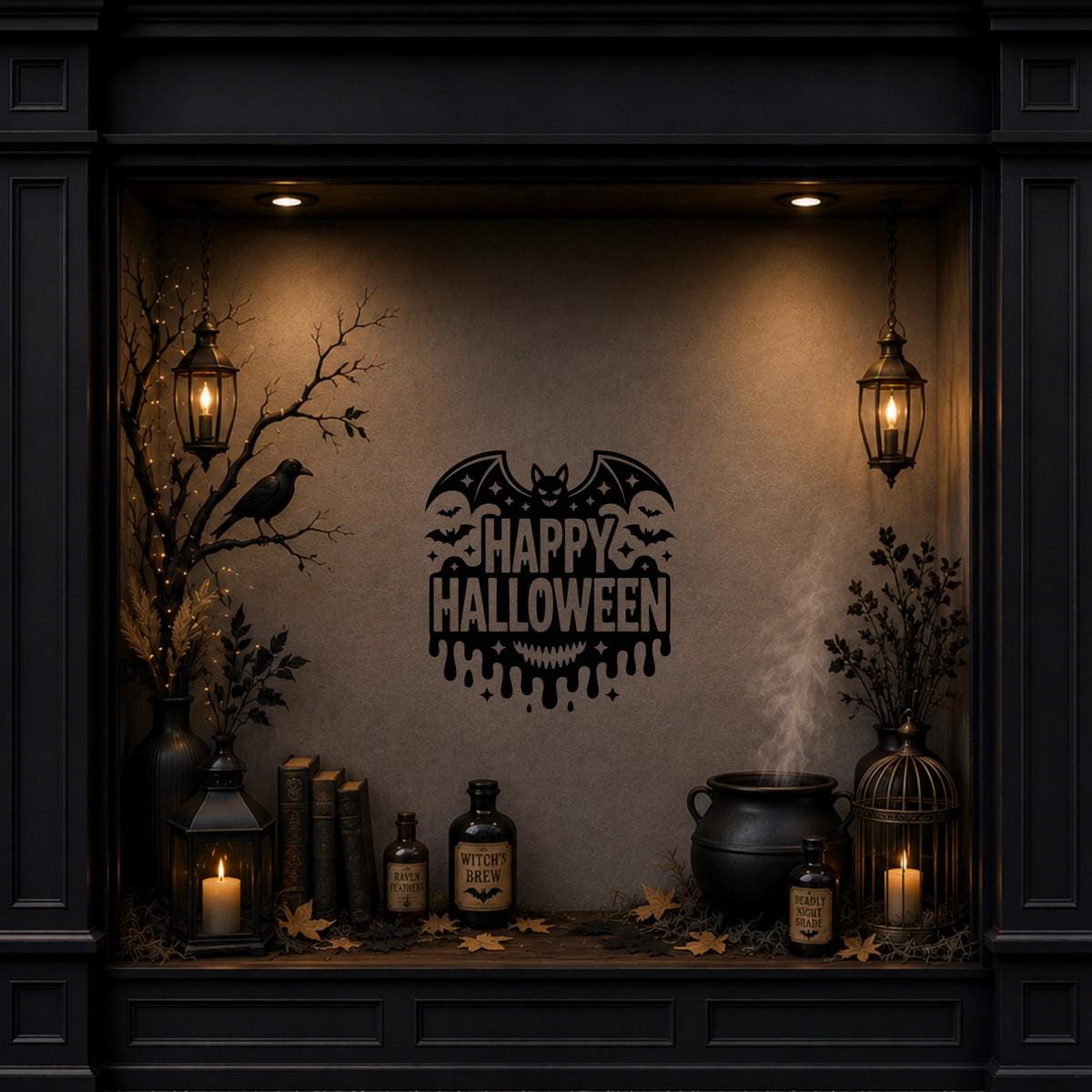 Happy Halloween Flying Bats Window Sticker: black vinyl displayed in a dark Halloween shopfront window