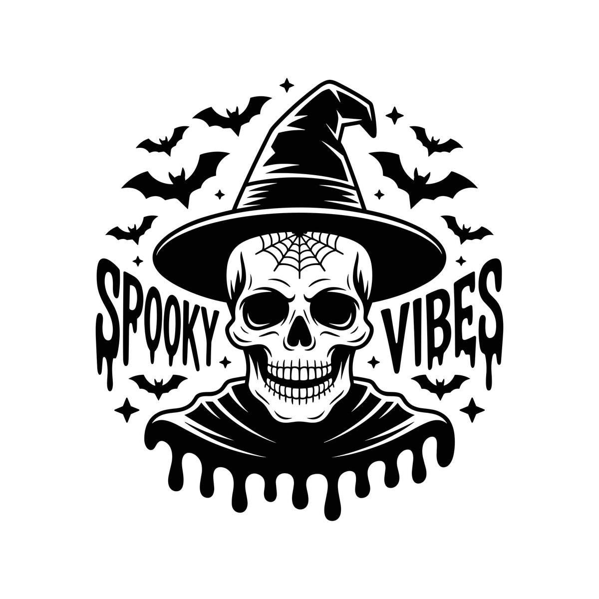 Spooky Vibes Witch Hat Skull Window Sticker: black design on a plain white background