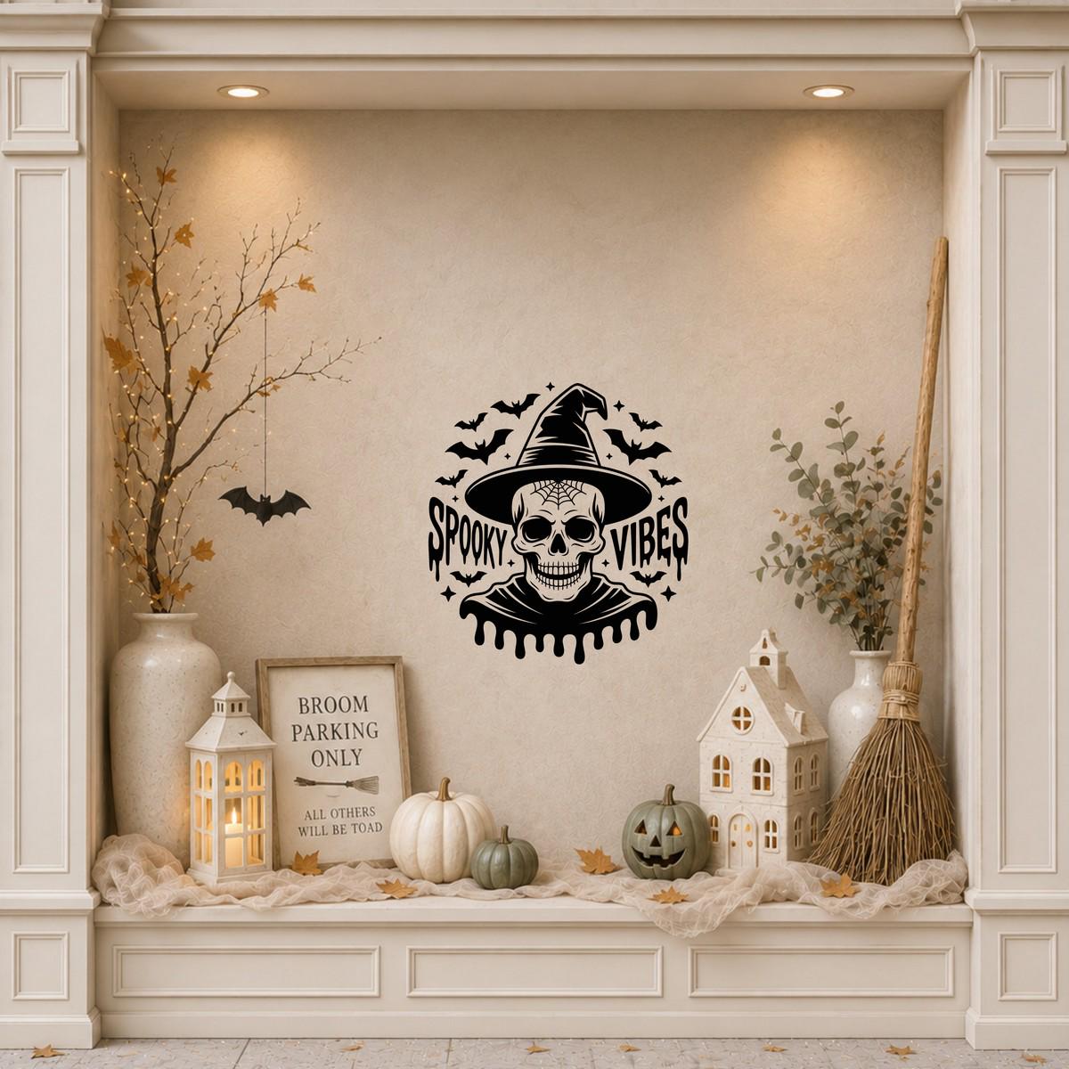 Spooky Vibes Witch Hat Skull Window Sticker: black vinyl displayed in a cream shopfront window