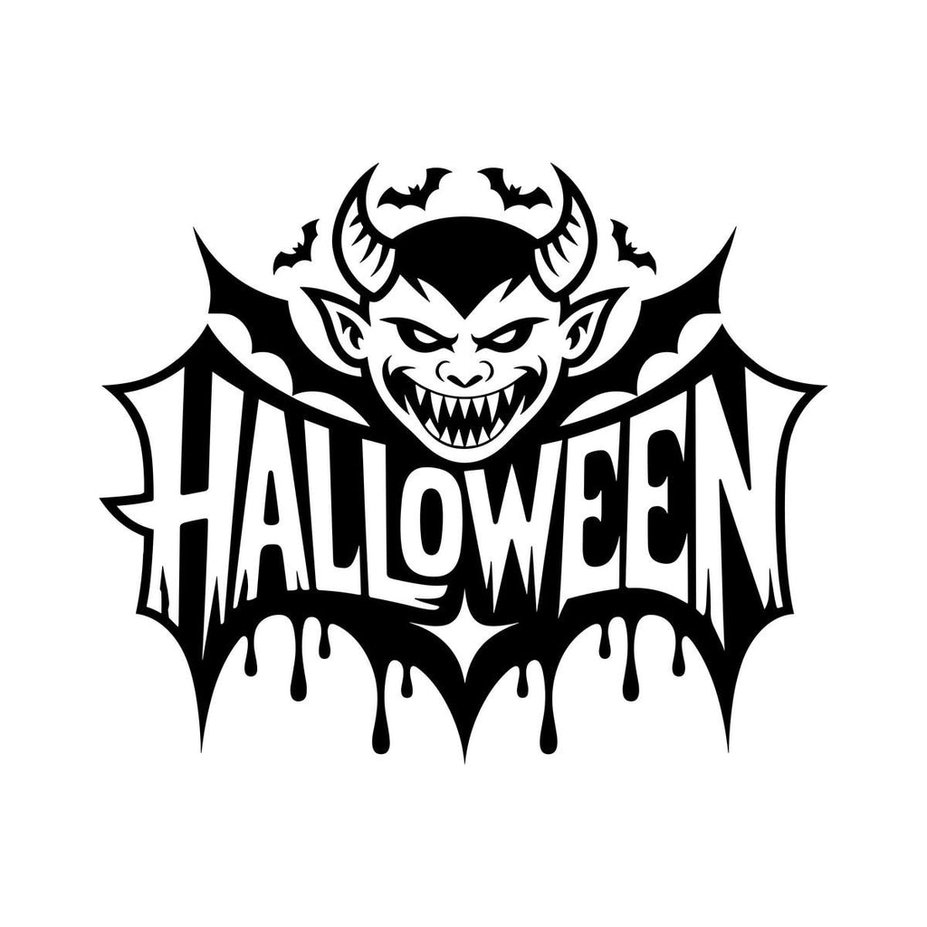 Grinning Devil & Bats Halloween Window Sticker: black design on a plain white background