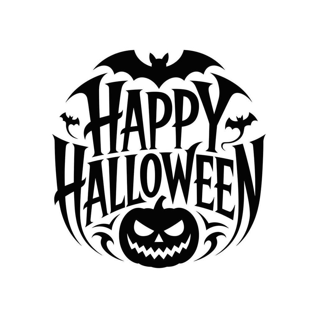 Happy Halloween Large Bat & Pumpkin Window Sticker: black design on a plain white background