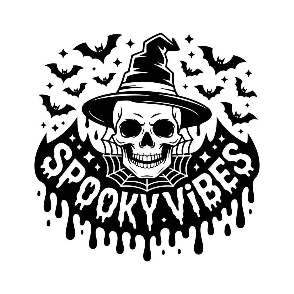 Spooky Vibes Witch Skull & Bat Swarm Window Sticker: black design on a plain white background