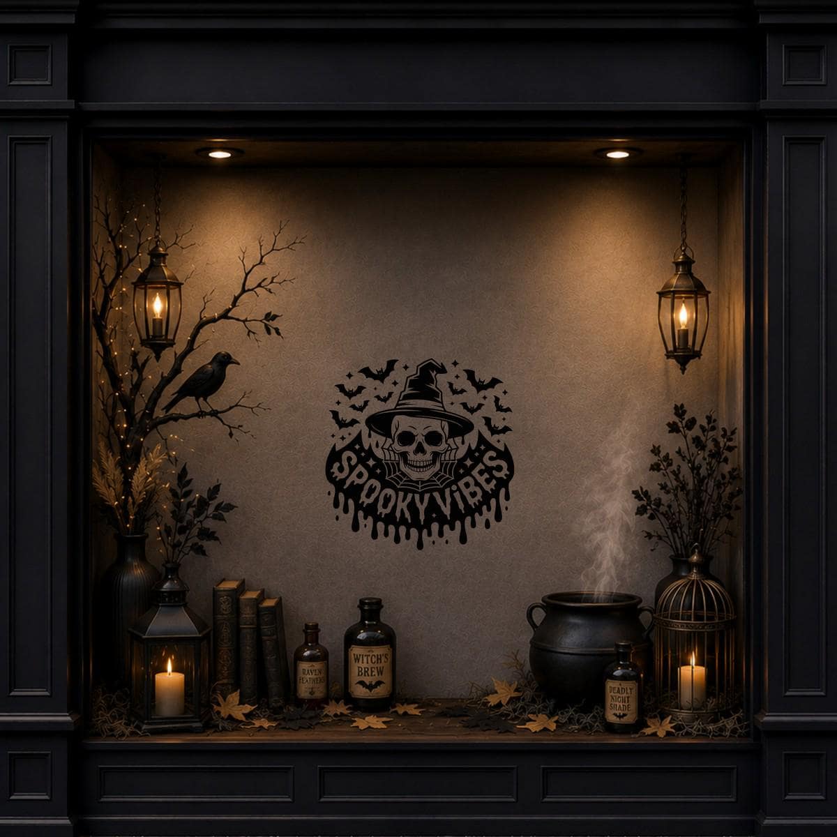 Spooky Vibes Witch Skull & Bat Swarm Window Sticker: black vinyl displayed in a dark Halloween shopfront window