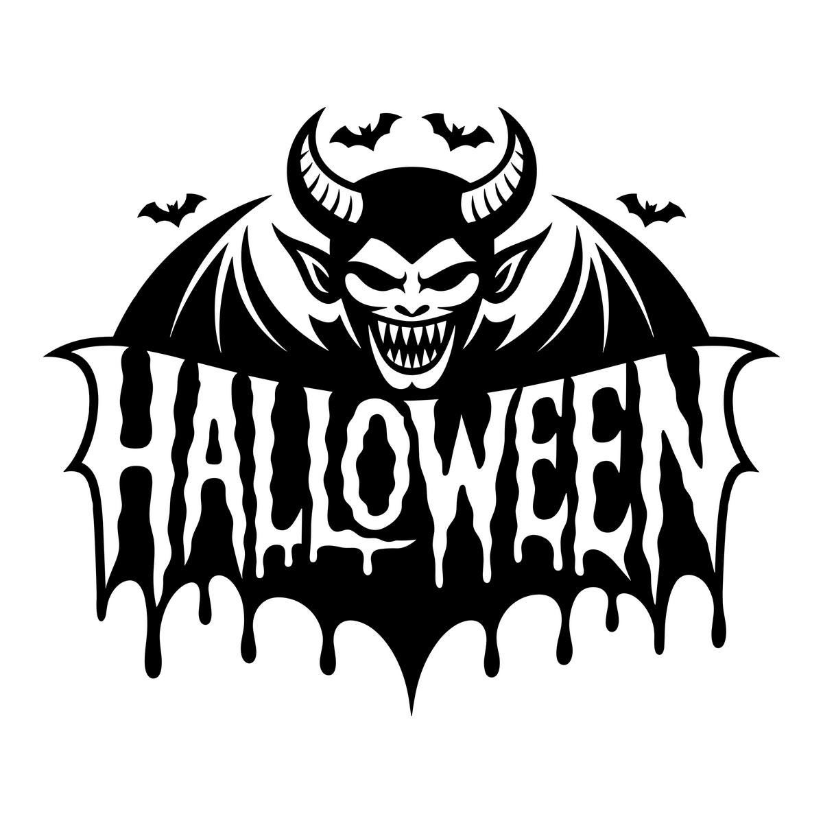 Devil Face & Bat Wings Halloween Window Sticker: black design on a plain white background