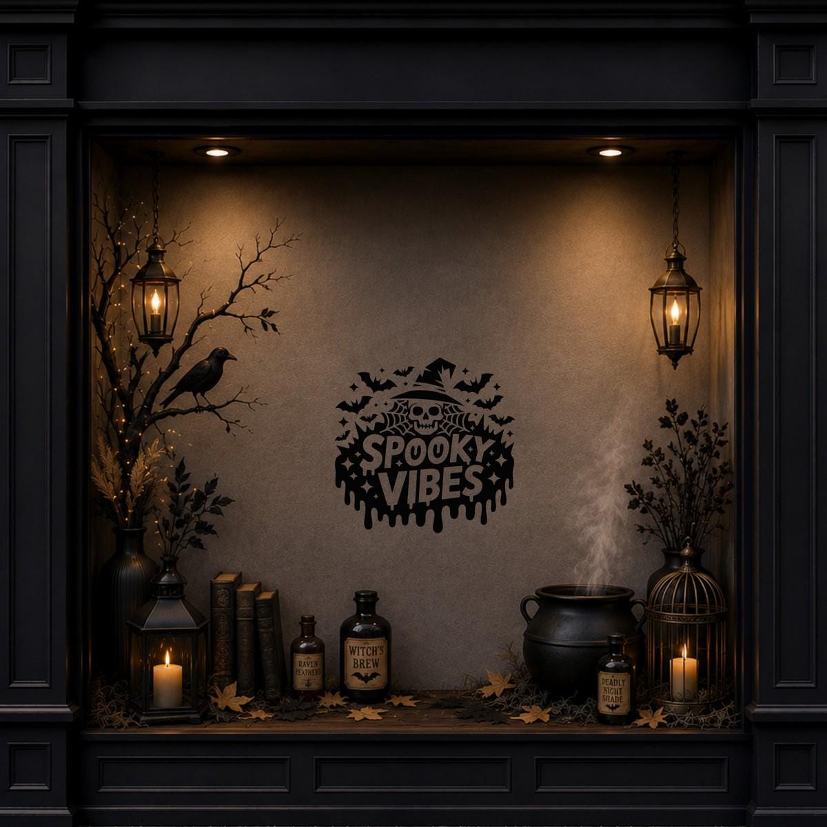 Spooky Vibes Dripping Skull Window Sticker: black vinyl displayed in a dark Halloween shopfront window