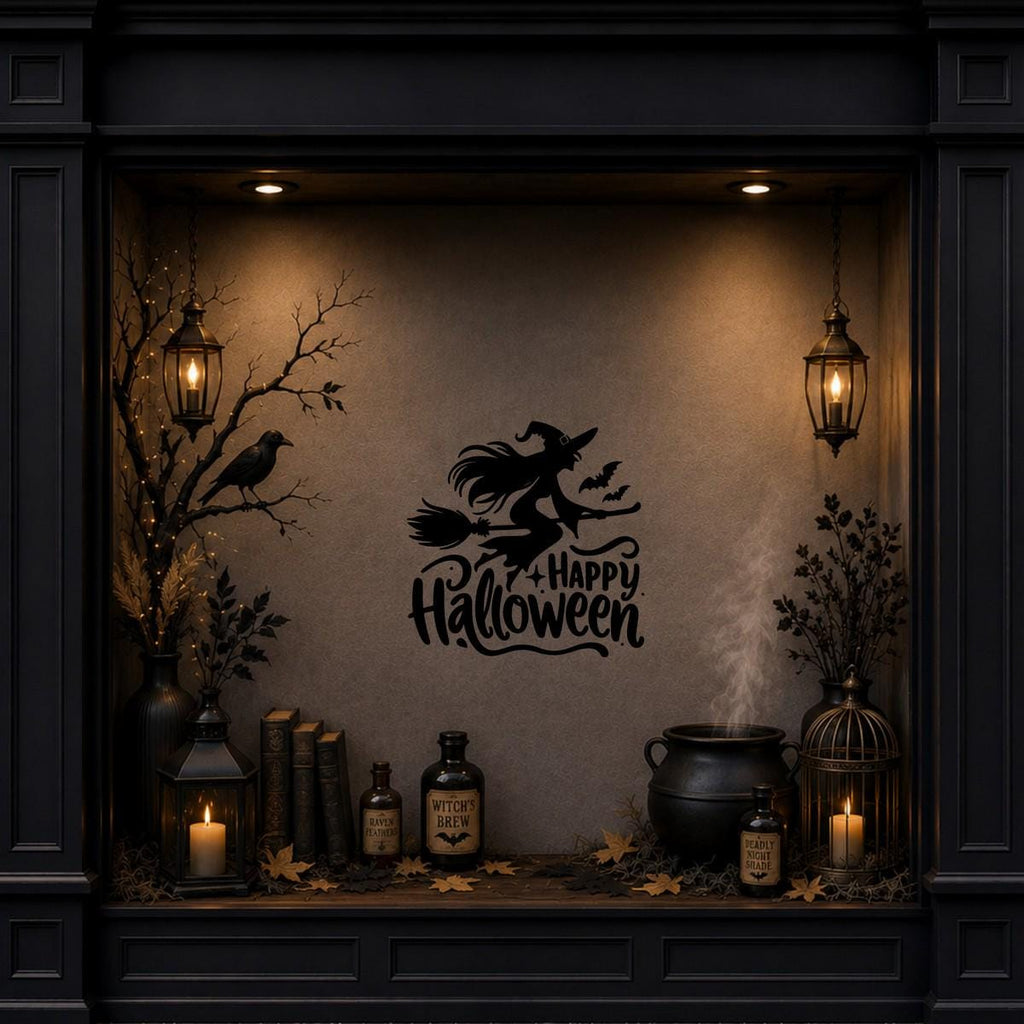 Flying Witch Happy Halloween Window Sticker: black vinyl displayed in a dark Halloween shopfront window