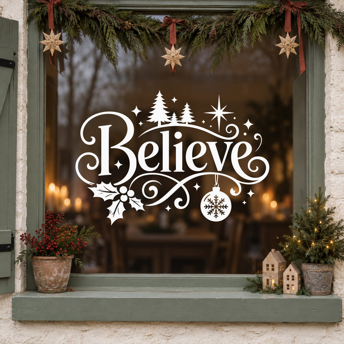 White Believe Christmas window sticker with trees, stars, holly and a snowflake bauble on a sage green framed window