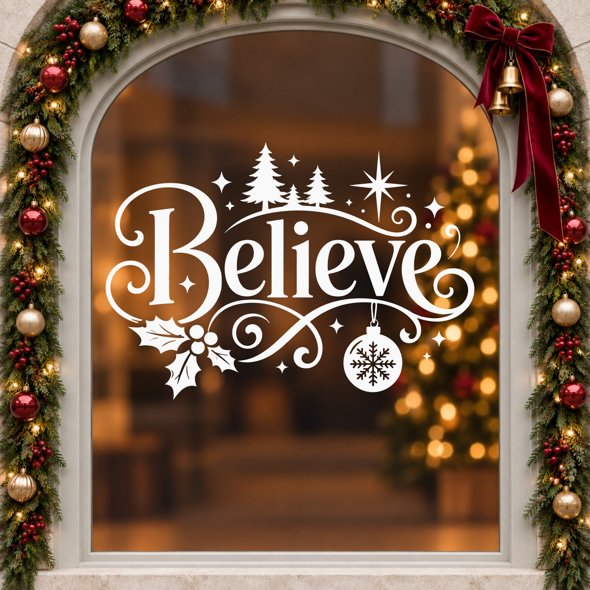 White Believe festive vinyl decal on an arched cream window surrounded by a Christmas garland and red bow