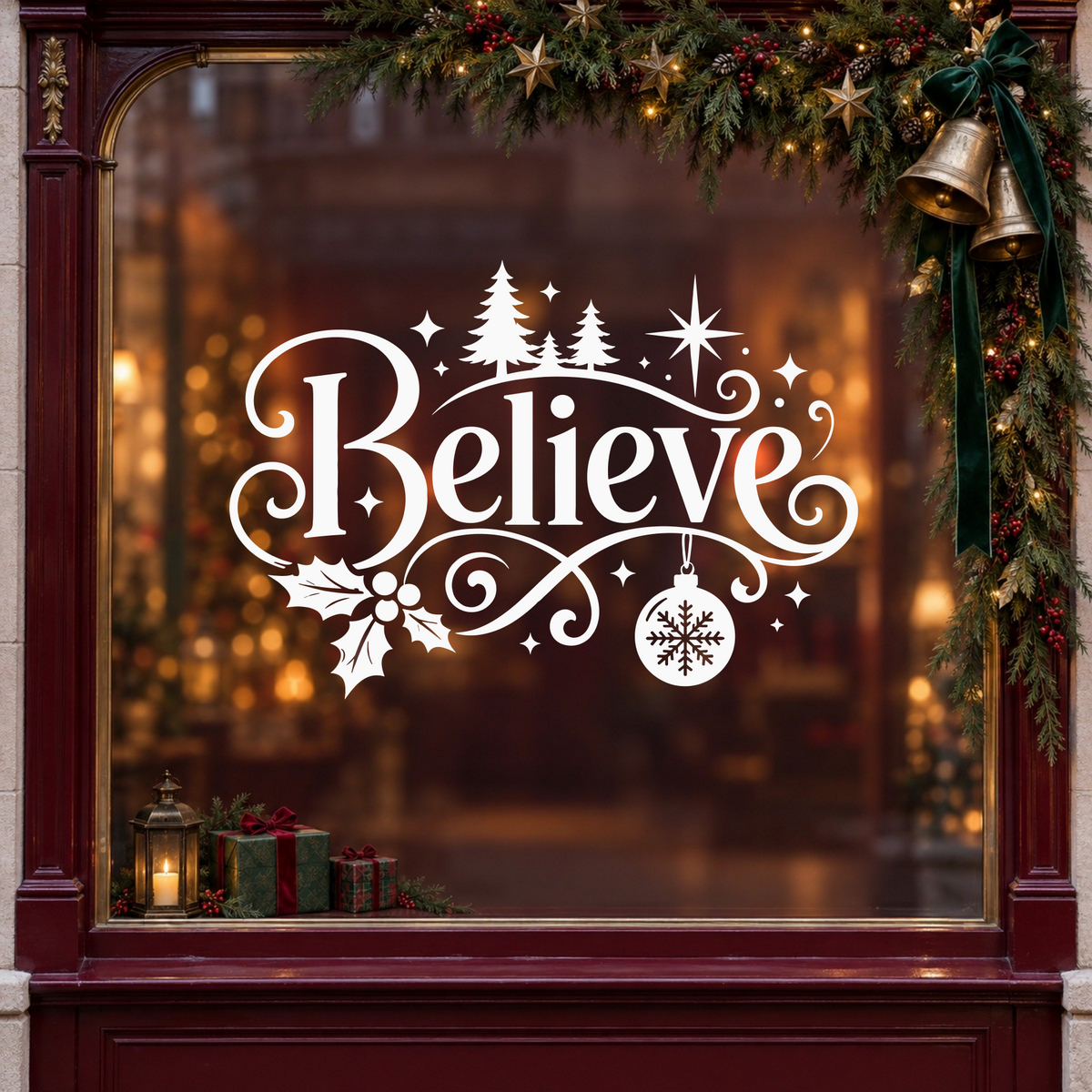 Believe Christmas window decal in white on a burgundy shop window decorated with festive greenery, bells and gifts