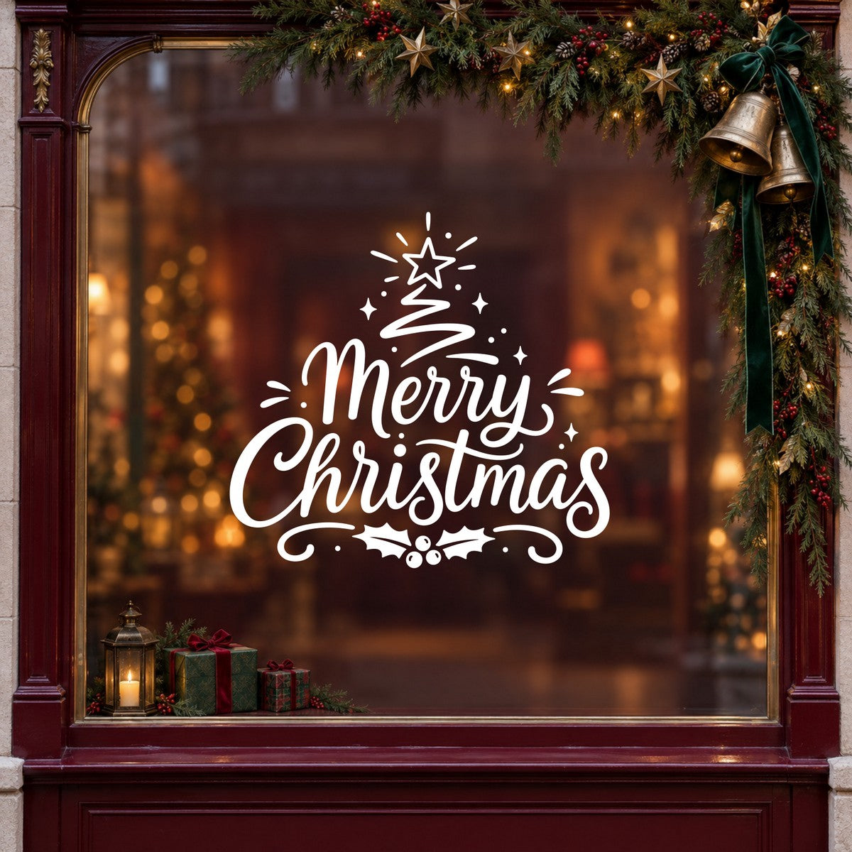 Merry Christmas Tree Window Sticker in white on a burgundy shop window with festive greenery, bells and gifts