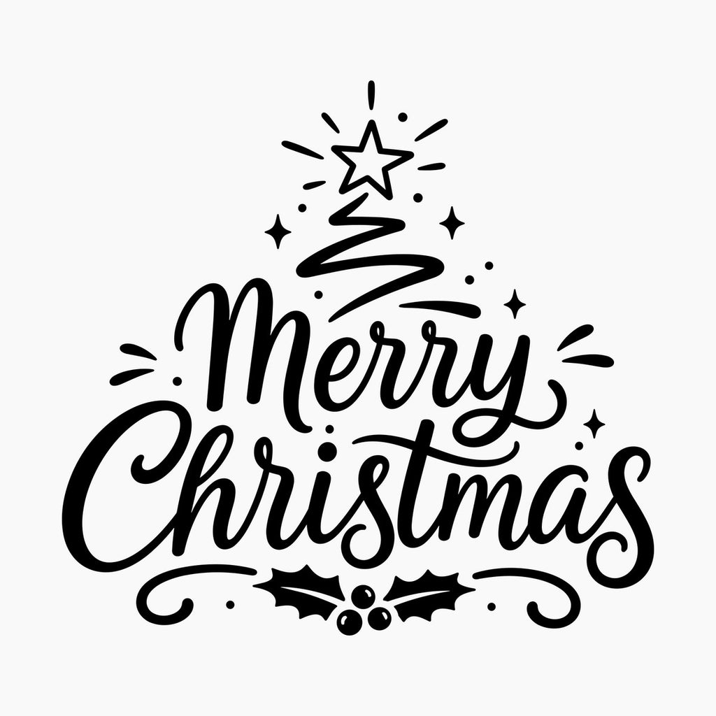 Merry Christmas Tree Window Sticker in black on a plain white background, showing flowing Merry Christmas lettering, a stylised Christmas tree, a star and holly