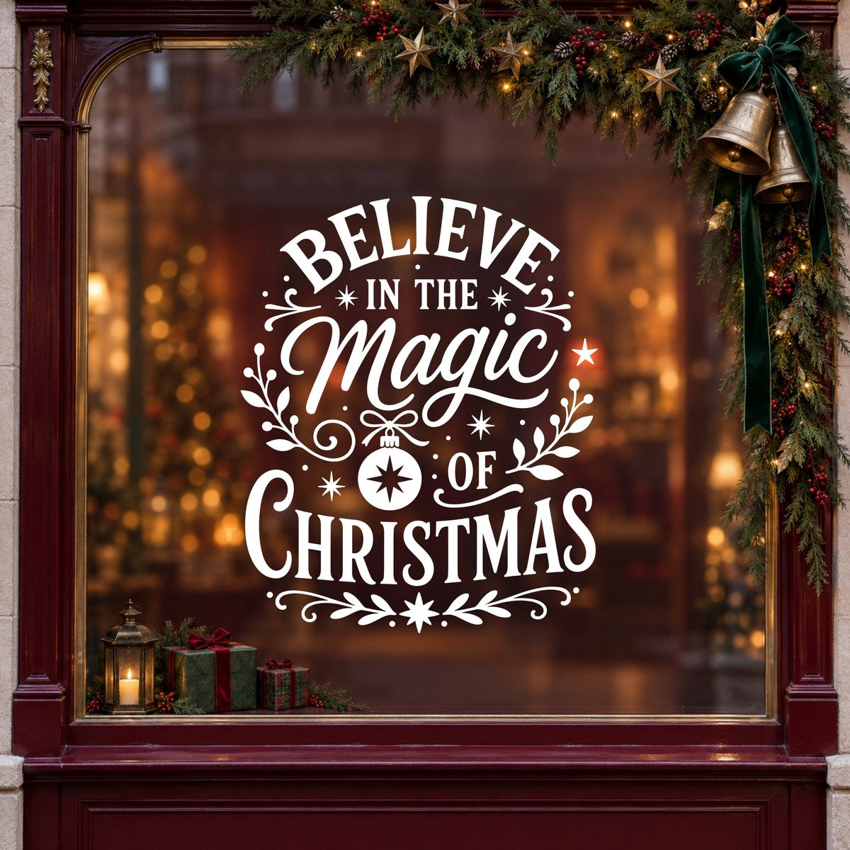 Believe in the Magic of Christmas Window Sticker in white on a burgundy shop window with festive greenery, bells and gifts
