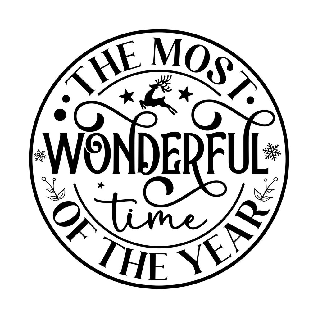 Round Most Wonderful Time of the Year Window Sticker in black on a plain white background, showing The Most Wonderful Time of the Year lettering in a circular design with a leaping reindeer, stars and snowflakes