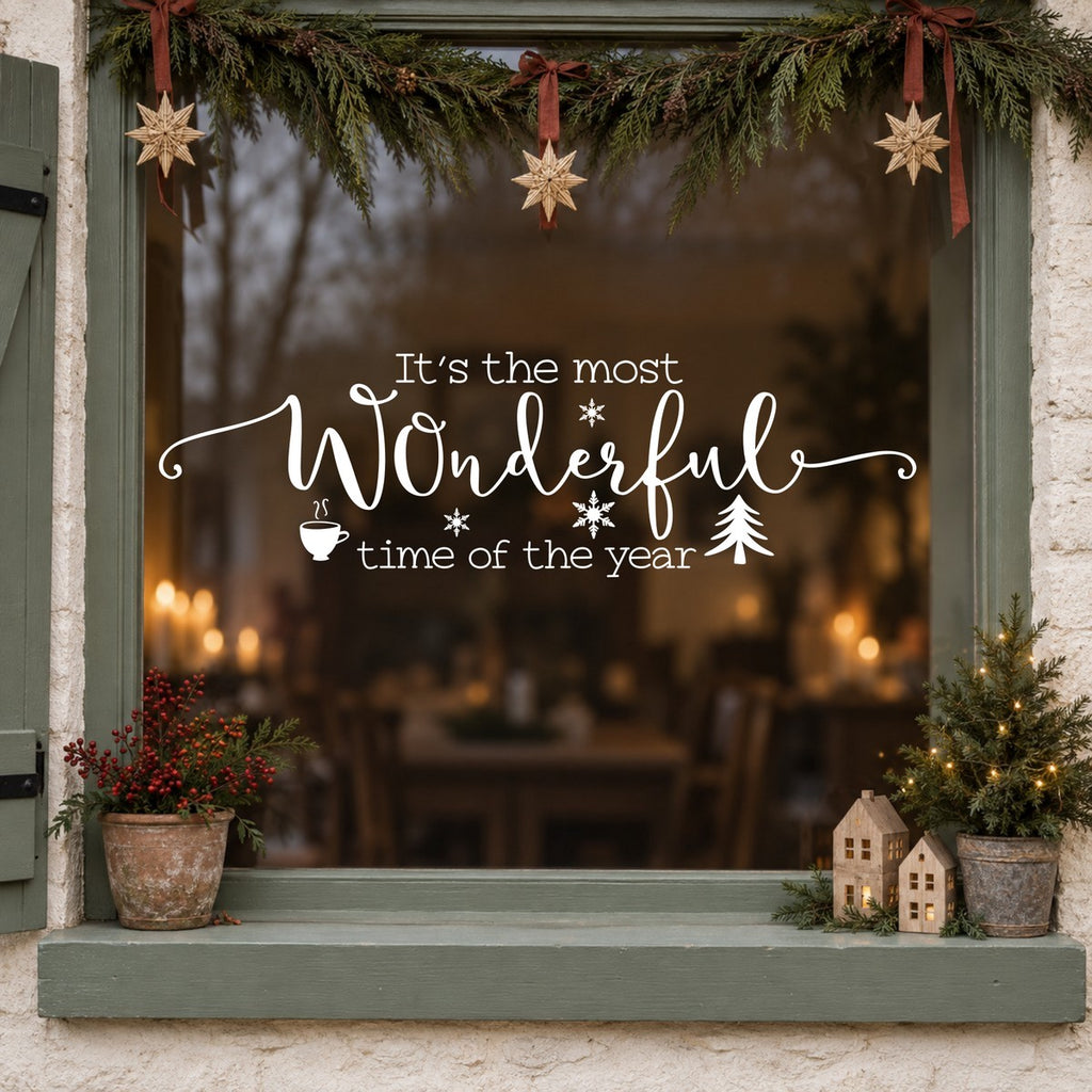 Wonderful Time of the Year Christmas Window Sticker in white on a sage green framed window decorated for Christmas