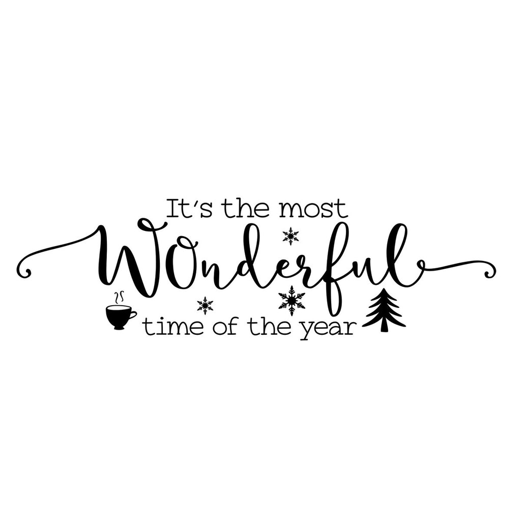 Wonderful Time of the Year Christmas Window Sticker in black on a plain white background, showing It's the most Wonderful time of the year lettering with sweeping flourishes, snowflakes, a cosy mug and a Christmas tree