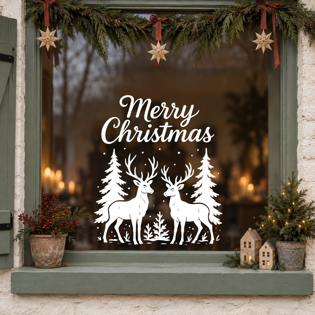 Merry Christmas Woodland Stag Window Sticker in white on a sage green framed window decorated for Christmas