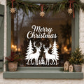 Merry Christmas Woodland Stag Window Sticker in white on a sage green framed window decorated for Christmas
