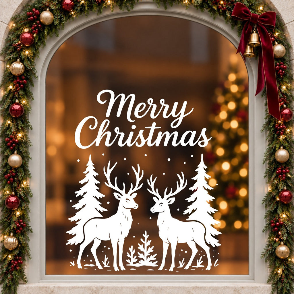 Merry Christmas Woodland Stag Window Sticker in white on an arched cream window with a Christmas garland and red bow