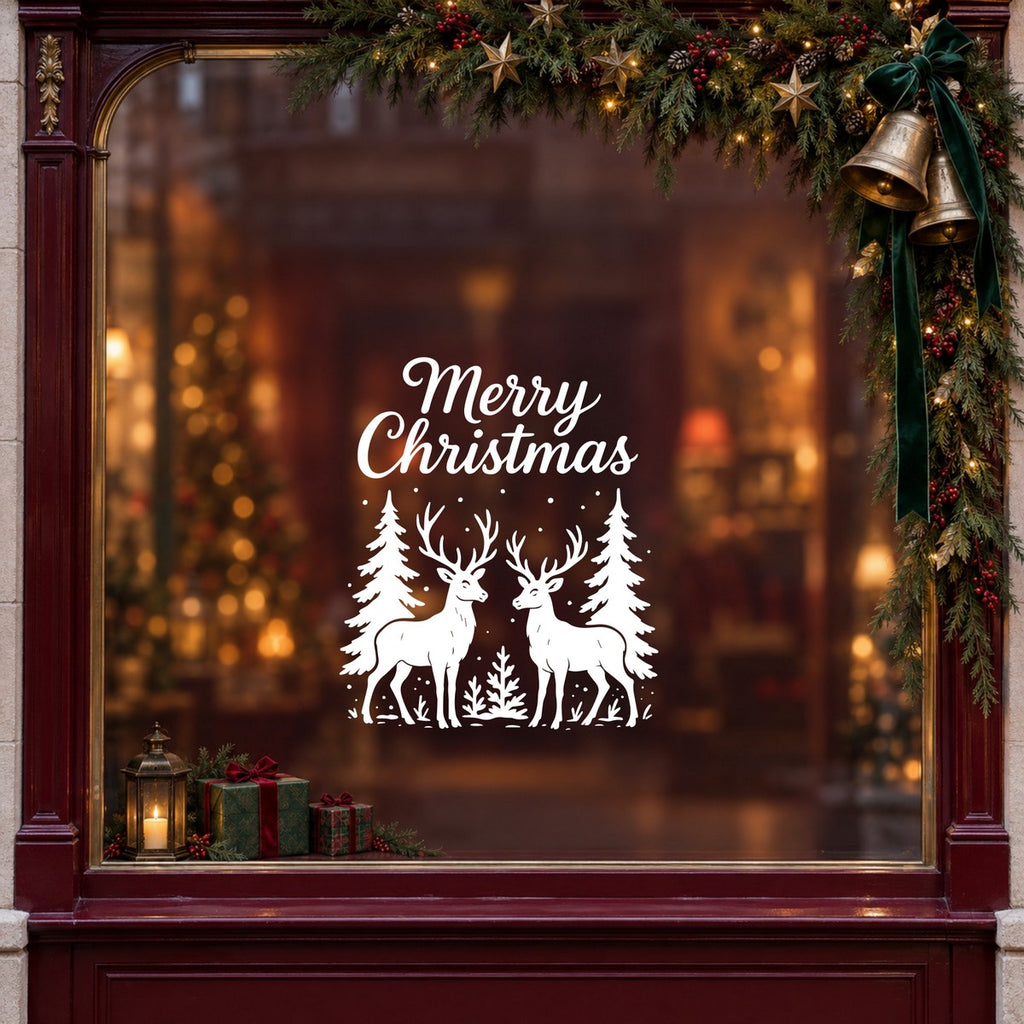 Merry Christmas Woodland Stag Window Sticker in white on a burgundy shop window with festive greenery, bells and gifts