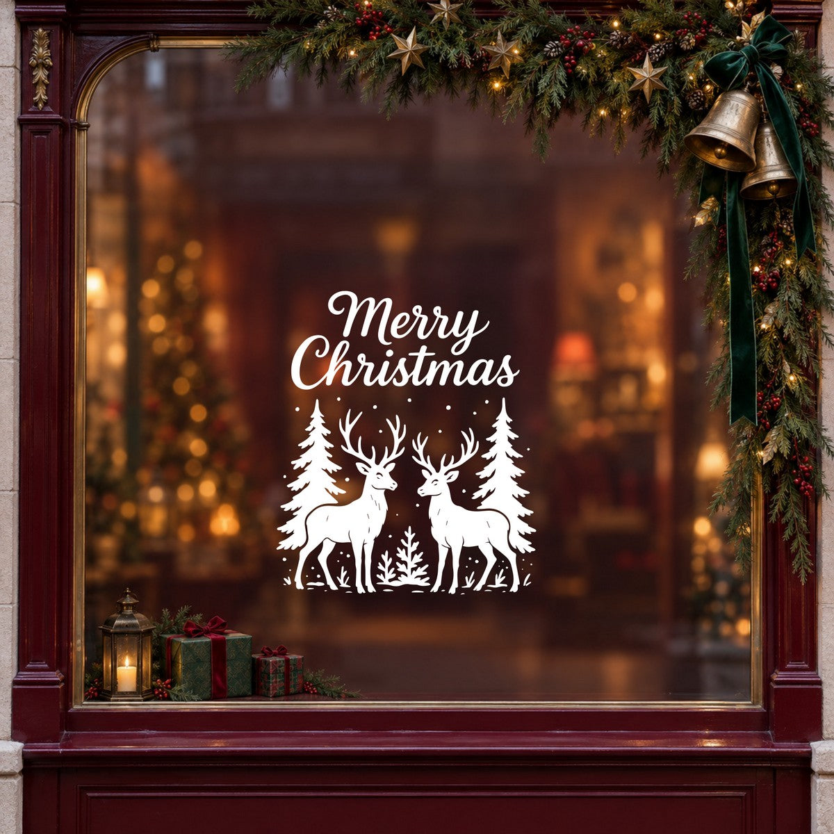 Merry Christmas Woodland Stag Window Sticker in white on a burgundy shop window with festive greenery, bells and gifts