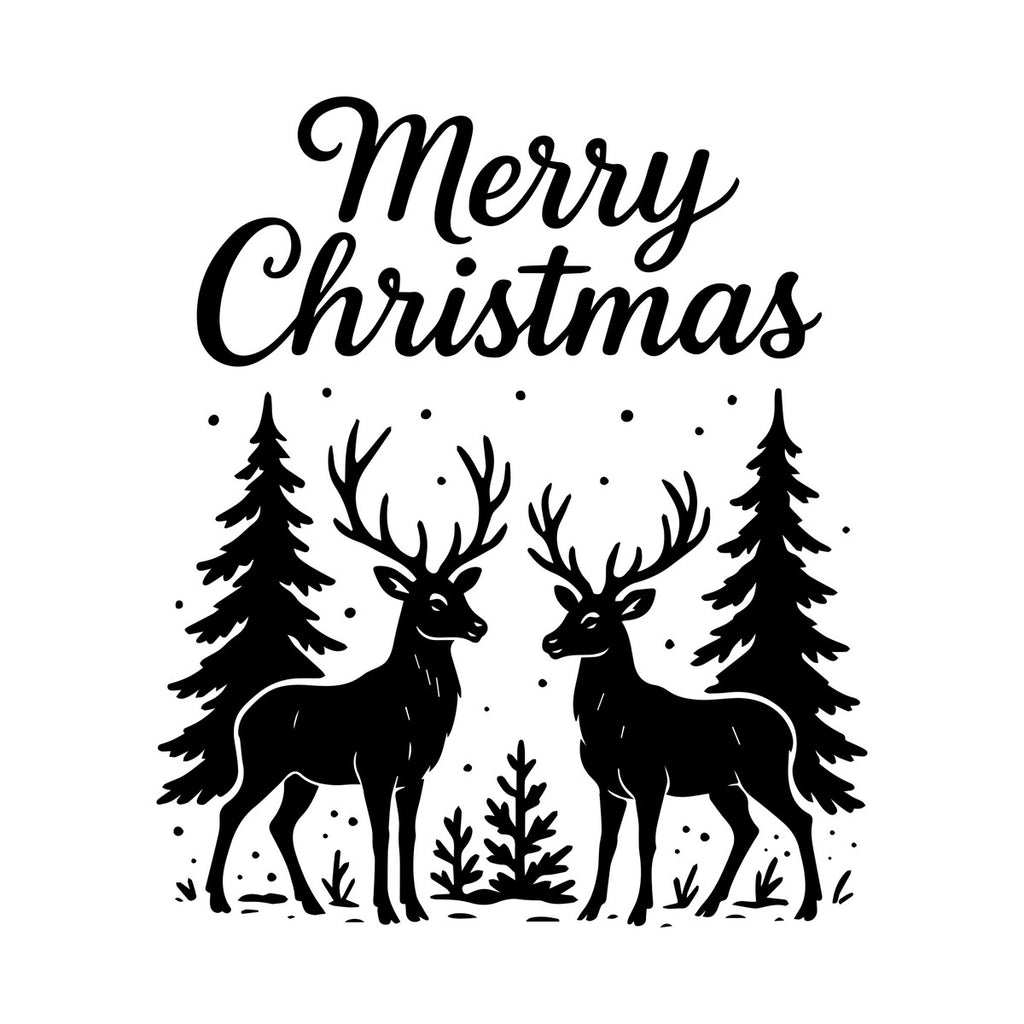 Merry Christmas Woodland Stag Window Sticker in black on a plain white background, showing Merry Christmas lettering above two antlered stags, fir trees and falling snow