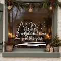 Wonderful Time of the Year Tree Window Sticker in white on a sage green framed window decorated for Christmas