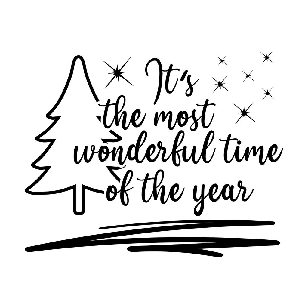 Wonderful Time of the Year Tree Window Sticker in black on a plain white background, showing It's the most wonderful time of the year lettering beside an outline Christmas tree, scattered stars and a sweeping underline