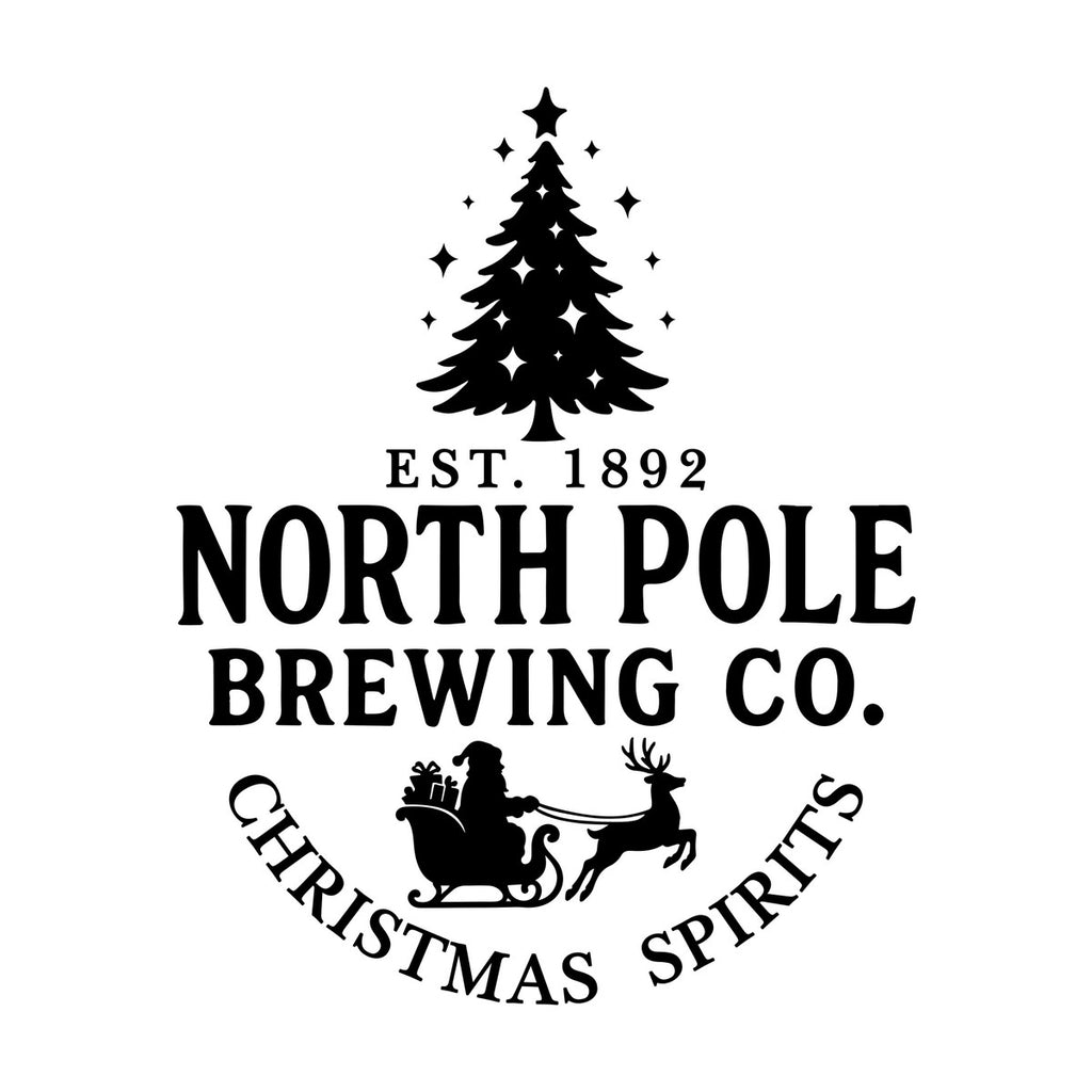 North Pole Brewing Co Christmas Window Sticker in black on a plain white background, showing North Pole Brewing Co. and Christmas Spirits lettering, a star-topped Christmas tree and Santa's sleigh